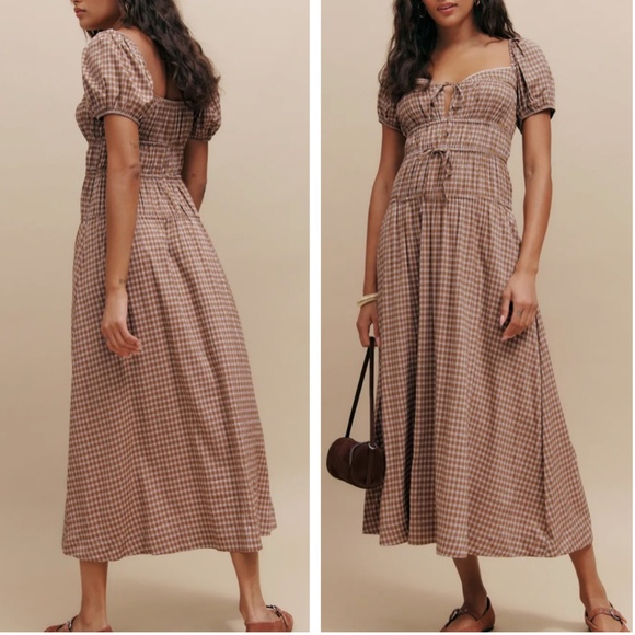 NEW Reformation Rhett Midi Dress - Audrie Check Cotton Blend Causal French - Picture 2 of 11